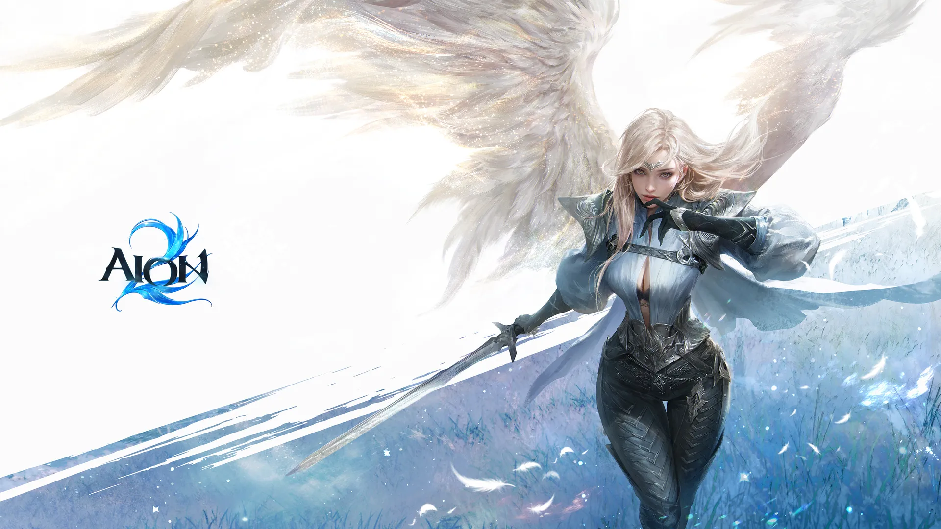 A winged Aion 2 character flying through a bright sky